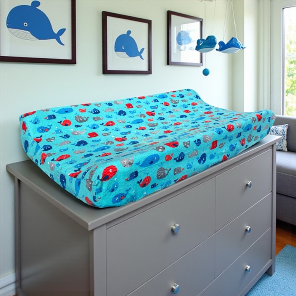 Teal, Blue & Red Whale Changing Pad Cover